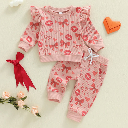 Baby Toddler Girls 2Pcs Valentine's Day Outfit Heart Bow Kiss Print Long Sleeve Crew Neck Top and Elastic Waist Pants Jogger Set