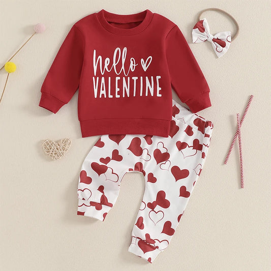 Baby Toddler Girls 3Pcs Valentine's Day Outfit Hello Valentine Letter Print Crew Neck Long Sleeve Top Heart Print Long Jogger Pants Headband Bow Valentines Set