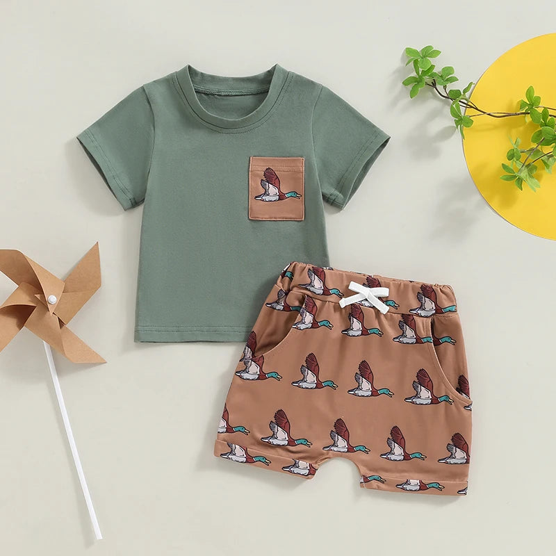 Baby Toddler Boys 2Pcs Summer Clothes Duck Bird Top and Shorts Set Casual Outfit