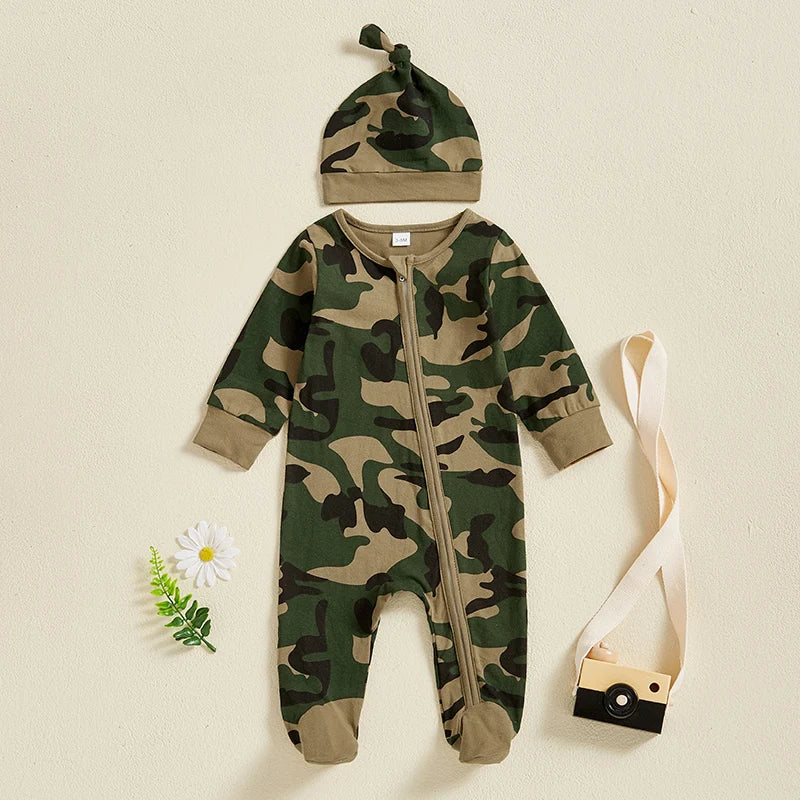 Baby Boys 2Pcs Footies Romper Camouflage Round Neck Long Sleeve Zipper Romper Infant Clothes Jumpsuit with Beanie Hat Set Outfit