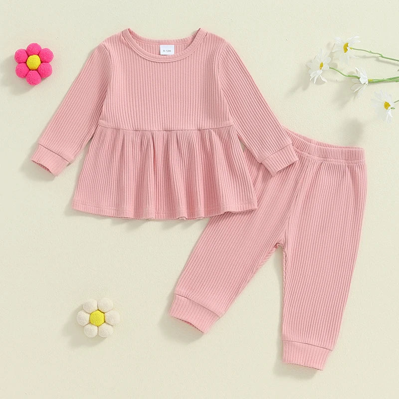 Toddler Kids Girls 2Pcs Fall Outfit Solid Color Ribbed Long Sleeve Babygirl Shirt and Elastic Pants Set