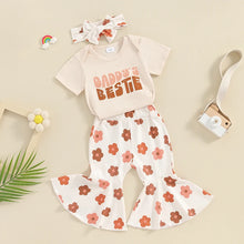 Load image into Gallery viewer, Baby Girl 3Pcs Daddy&#39;s Bestie Summer Outfit Short Sleeve Letter Print Romper + Elastic Waist Flare Flower Print Pants + Headband Set
