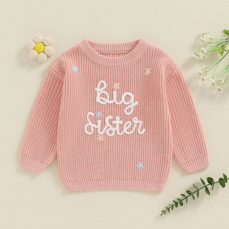 Toddler Kids Girl Big Sister Sweater Cute Long Sleeve Letter Embroidery Knit Pullover Loose Top