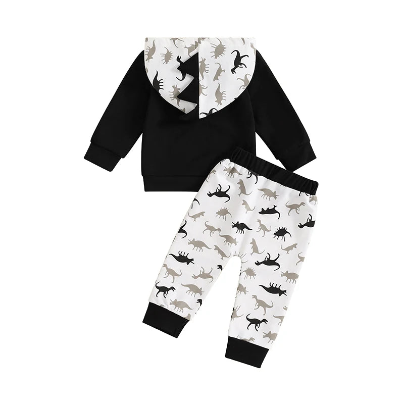 Baby Toddler Boys 2Pcs Fall Clothes Dinosaur Print Long Sleeve Hooded Top  with Elastic Waist Pants Outfit Set