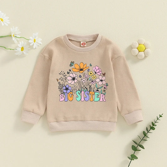 Toddler Kids Girls Big Sister Autumn Long Sleeve Crewneck Letter Flower Print Loose Fit Pullover Top