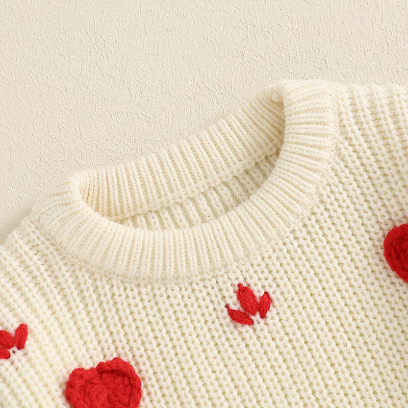 Baby Toddler Girls Valentine's Day Sweater Heart Long Sleeve O-Neck Ribbed Chunky Knit Jumper Valentines Top