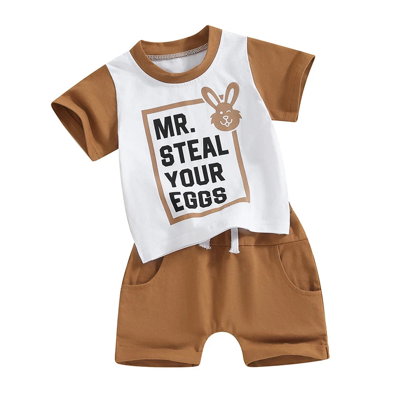 Baby Toddler Boys 2Pcs Easter Outfits Mr. Steal Your Eggs Letter Rabbit Print Contrast Color Short Sleeve T-Shirts Top and Shorts Clothes Set