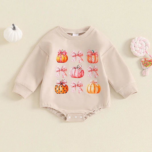 Baby Girls Halloween Thanksgiving Bubble Romper Pumpkin Bow Print Long Sleeve Round Neck Jumpsuit for Fall