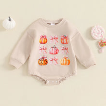 Load image into Gallery viewer, Baby Girls Halloween Thanksgiving Bubble Romper Pumpkin Bow Print Long Sleeve Round Neck Jumpsuit for Fall
