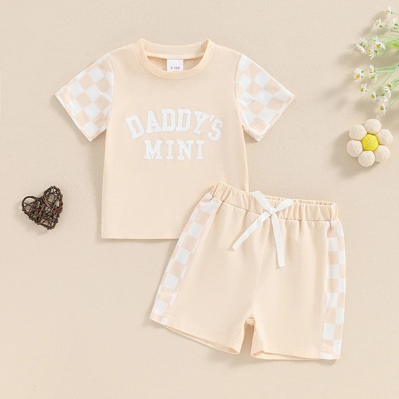 Baby Toddler Girl 2Pcs Daddy's Mini Summer Outfit Letter Print Checkerboard Short Sleeve Top with Elastic Waist Shorts Clothes Set