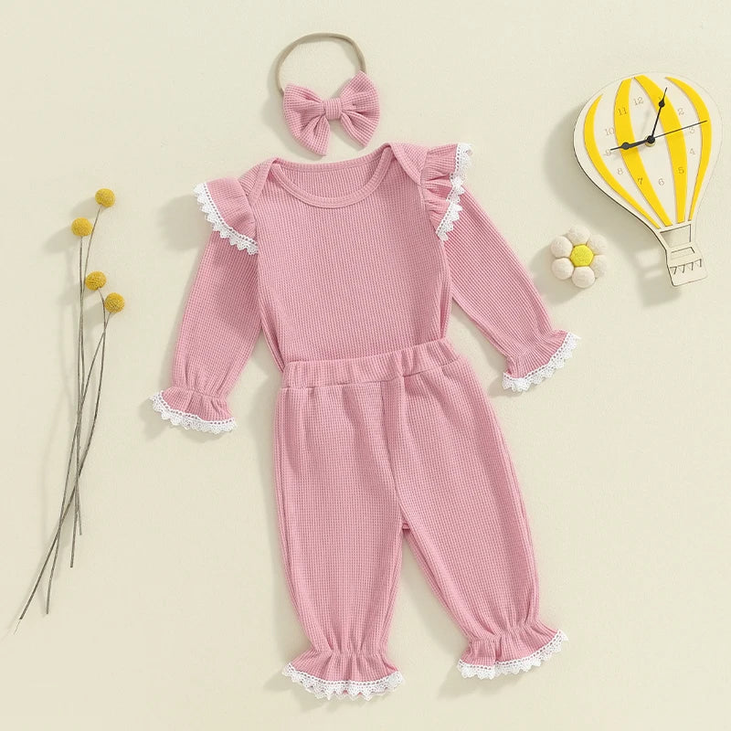 Baby Toddler Girls 3Pcs Waffle Set Lace Trim Long Sleeve Ruffled Top Elastic Waist Long Pants Hairband Outfit