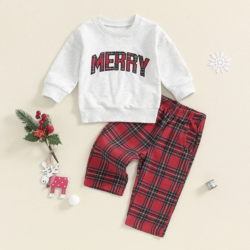 Baby Toddler Boys Girls 2Pcs Christmas Outfit Long Sleeve O Neck Letter Merry Embroidery Top Plaid Pants Set