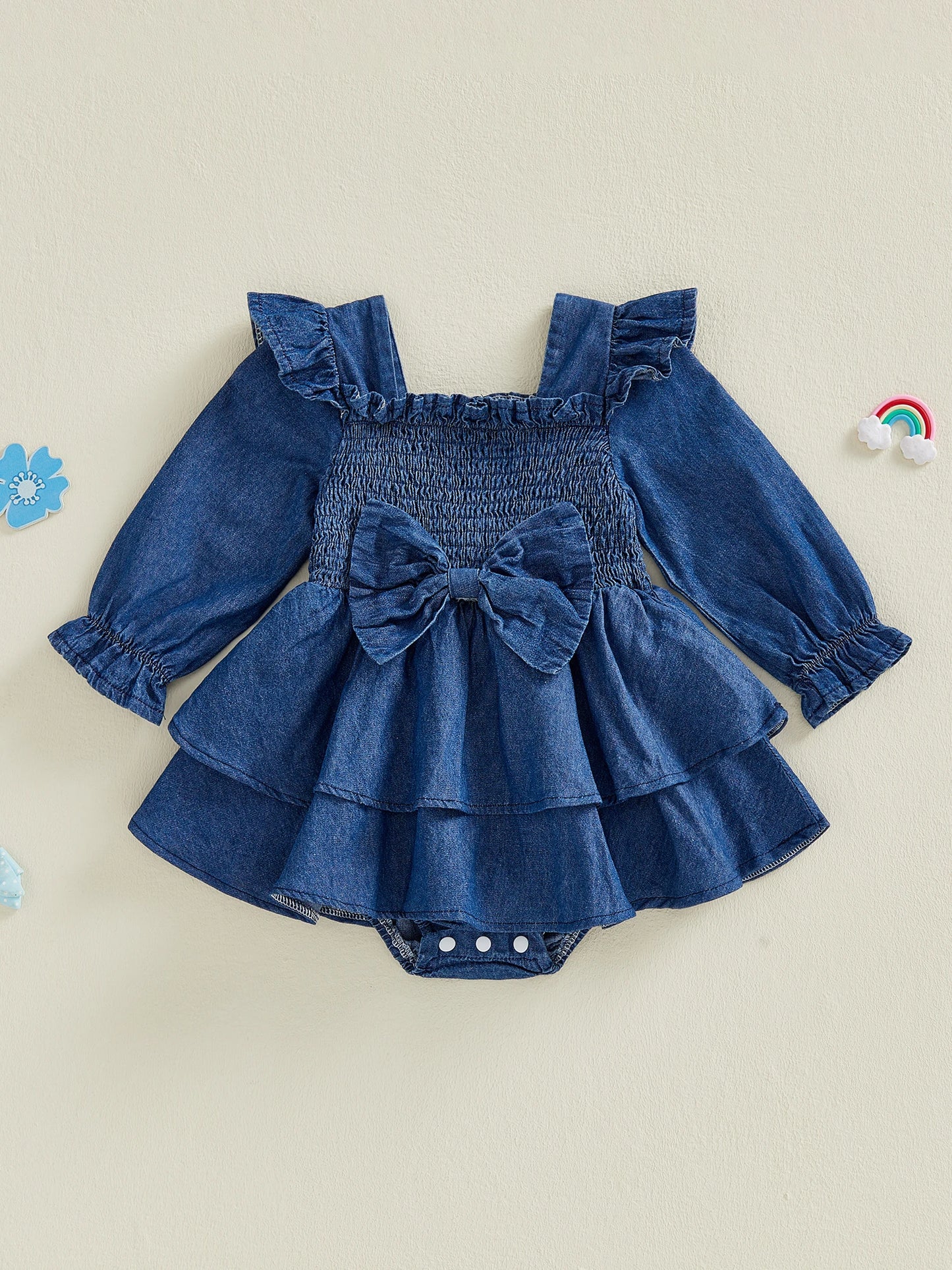 Baby Girl Denim Romper Dress Fashionable Cute Solid Color Long Bubble Sleeve Jumpsuit