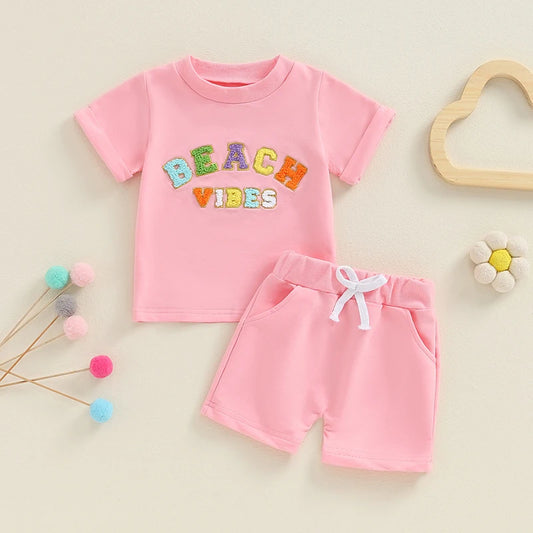 Baby Toddler Girls 2Pcs Beach Vibes Short Sleeve Embroidery Letters Top with Elastic Waist Shorts Summer Outfit Set