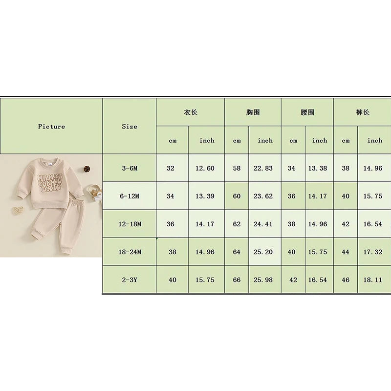 Baby Toddler Boys Girls 2Pcs Mama's Coffee Date Outfit Letter Print Long Sleeve Crewneck Top and Elastic Pants Jogger Set Fall