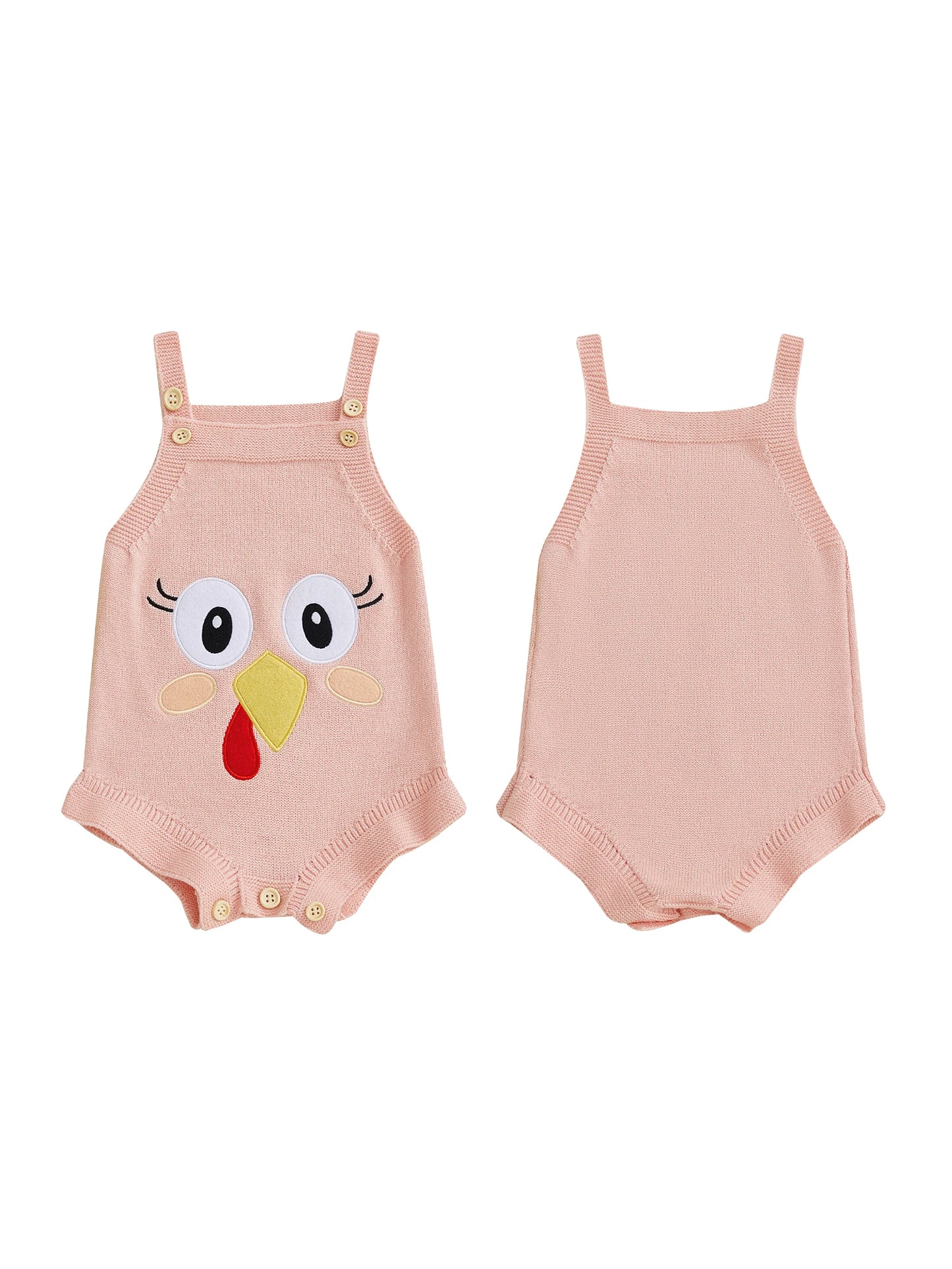 Baby Girl Thanksgiving Knit Romper Cute Turkey Print Square Neck Sleeveless Infant Jumpsuit Overalls