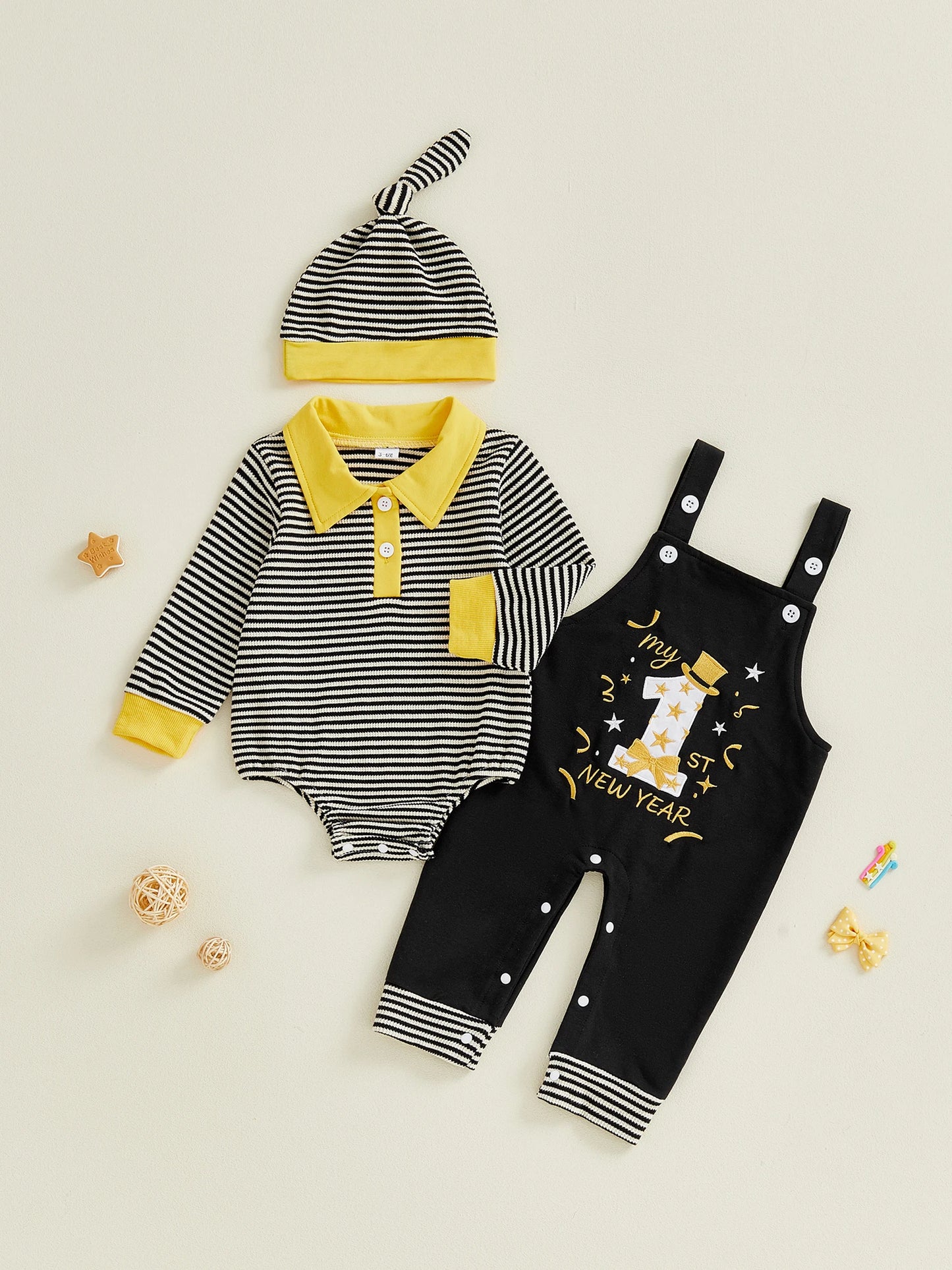 Baby Boy 3Pcs My First New Years Outfit Long Sleeve Turn Down Collar Striped Jumpsuit Letter Number Embroidery Overalls and Hat Set