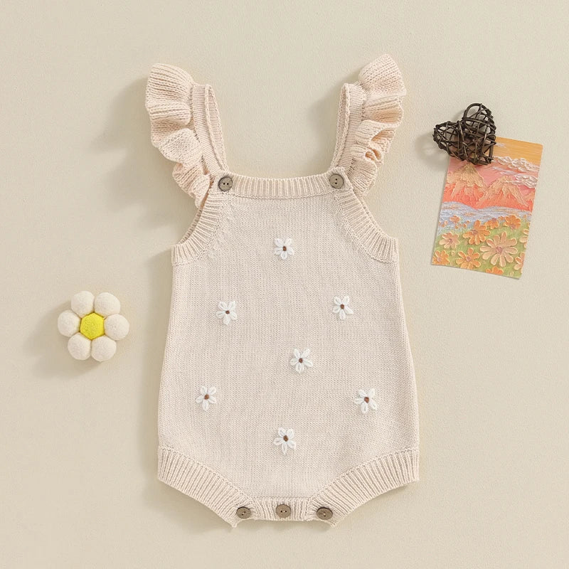 Baby Toddler Girls Knitted Romper Spring Summer Ruffles Floral Embroidery Flowers Jumpsuits Playsuits Clothes