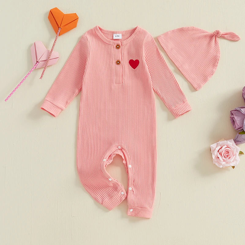 Baby Boys Girls 2Pcs Valentine's Day Heart Print Long Sleeve Ribbed Romper Hat Valentines Outfit Set