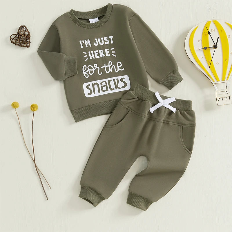 Baby Toddler Boys 2Pcs I'm Just Here For The Snacks Fall Outfit Letter Print Long Sleeve Crewneck Top and Long Pants Jogger Set