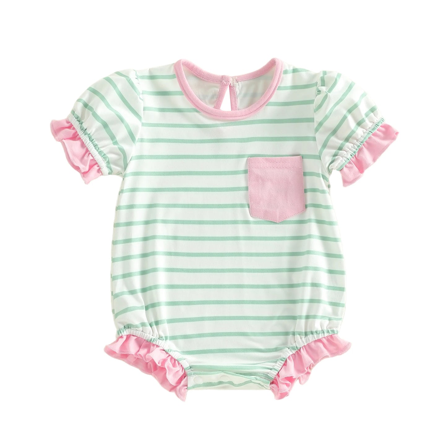 Baby Girl Striped Romper Ruffle Trim Short Sleeve Crewneck Jumpsuit Casual Summer Spring Clothes