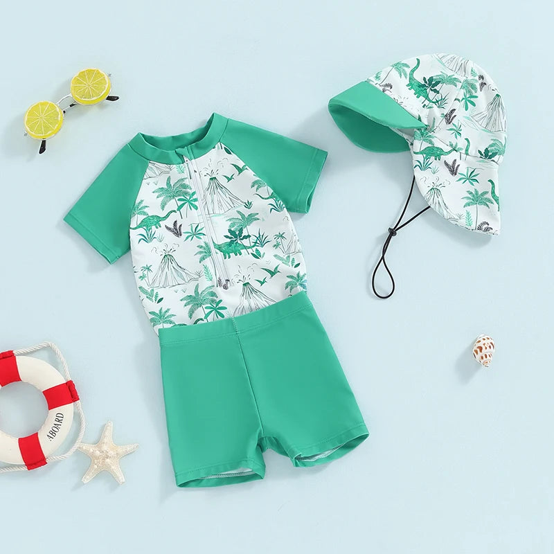 Baby Toddler Boys 3Pcs Swimsuit Palm Tree/Dinosaur Print Short Sleeve Top with Swim Trunks and Swim Cap Hat Bathing Suit Set