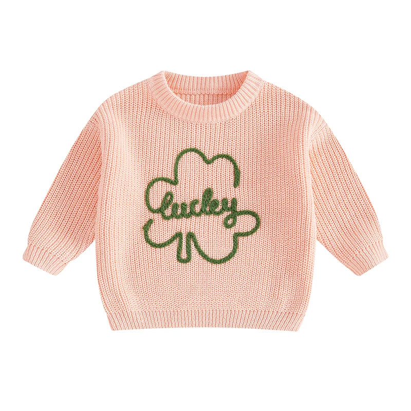 Baby Toddler Kids Boys Girls Lucky Knit Sweater Long Sleeve Round Neck Shamrock Letter Embroidery Pullover Spring St. Patrick's Day Top