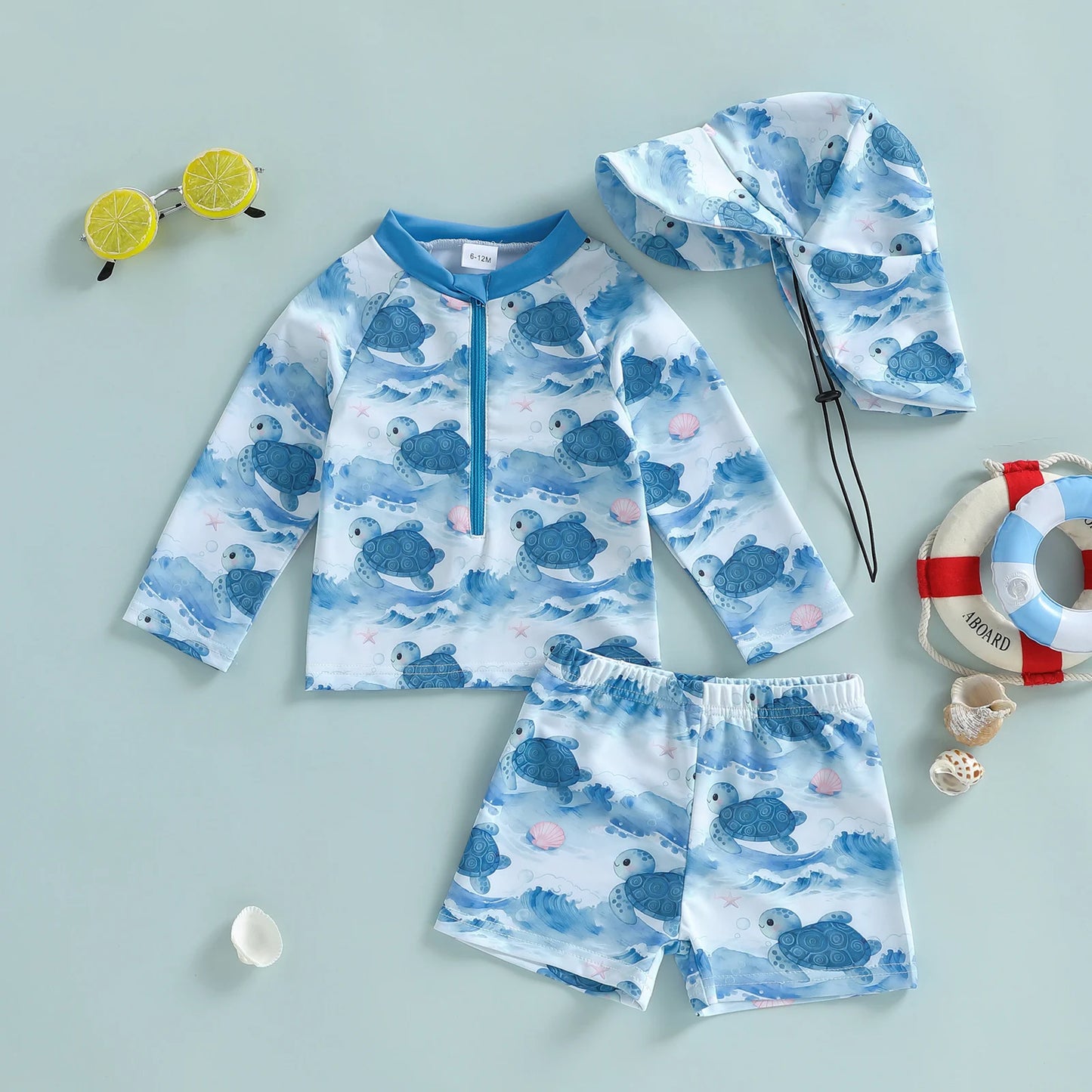 Baby Toddler Boys 3Pcs Rash Guard Swimsuit Set Palm Tree Print Long Sleeve Round Neck Top and Shorts Hat Set