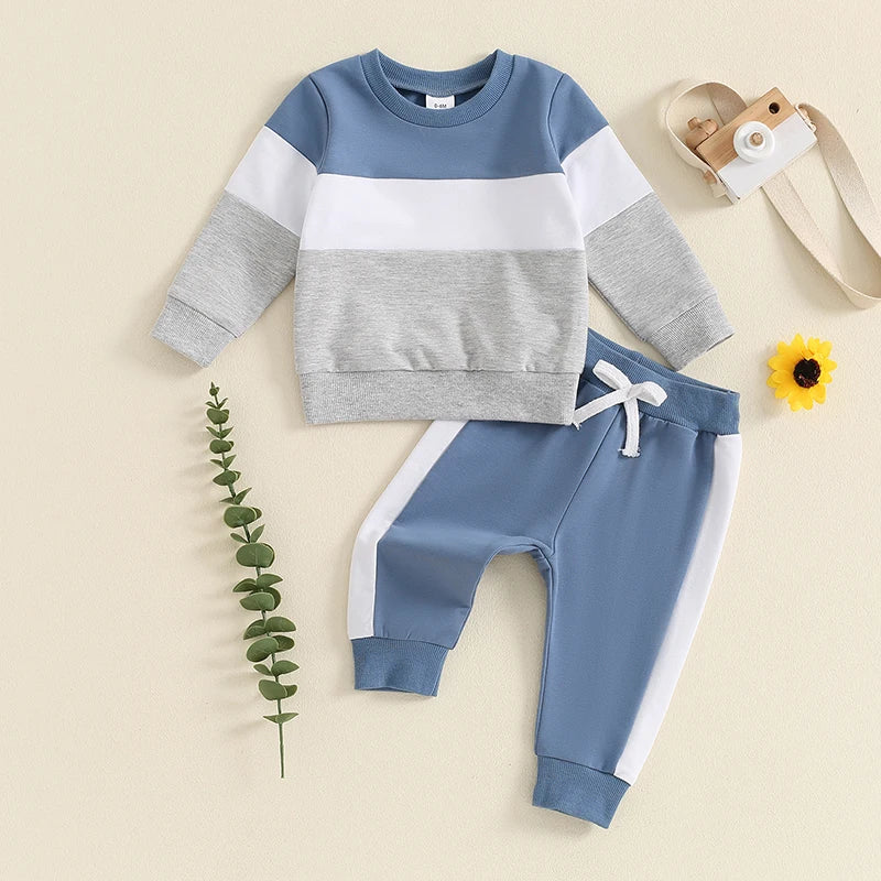 Baby Toddler Boys 2Pcs Long Sleeve Round Neck Top Drawstring Long Pants Contrast Color Outfit Set