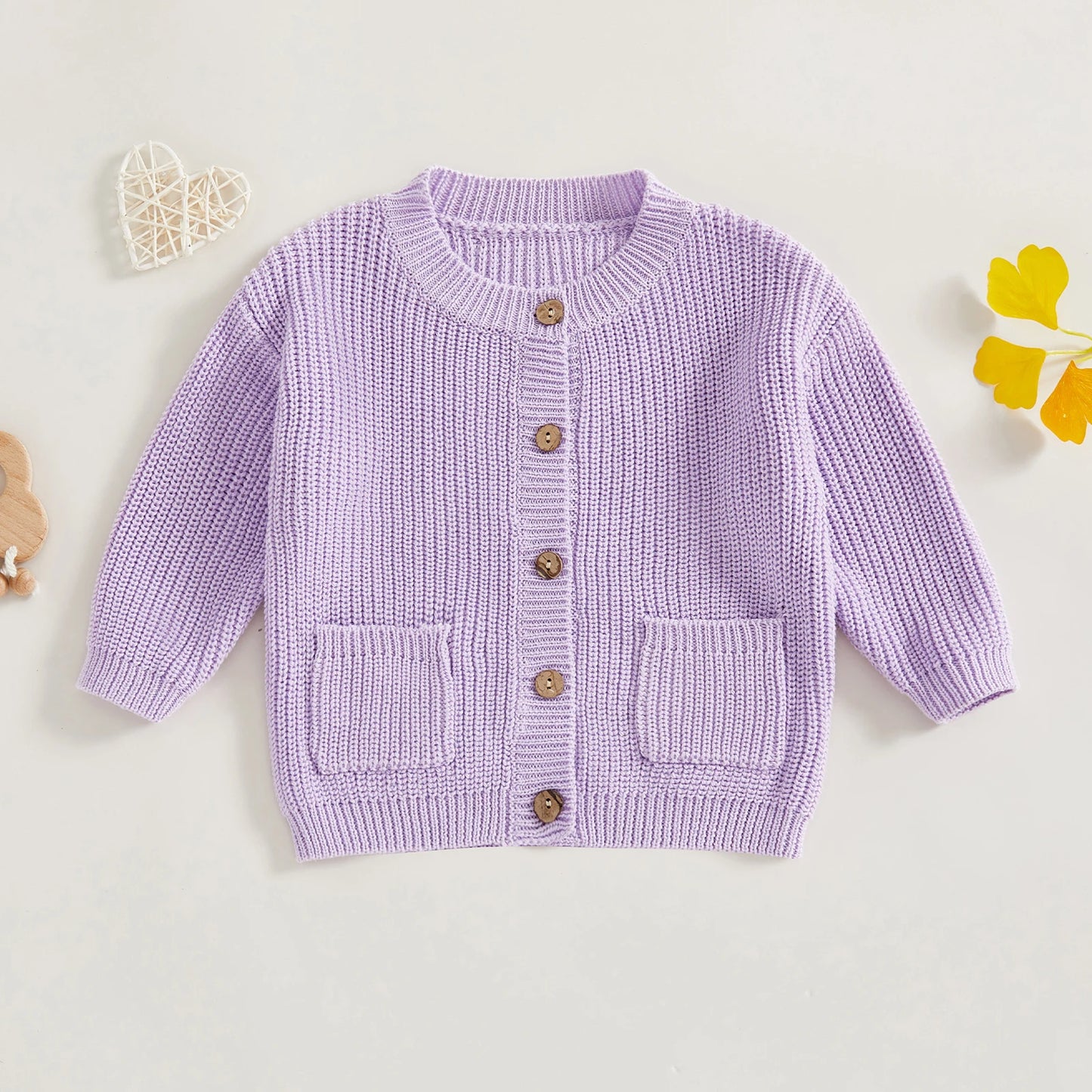 Baby Toddler Girls Boys Knit Cardigan Solid Long Sleeve Crew Neck Button-up Sweater with Pockets Casual Fall Clothes Top
