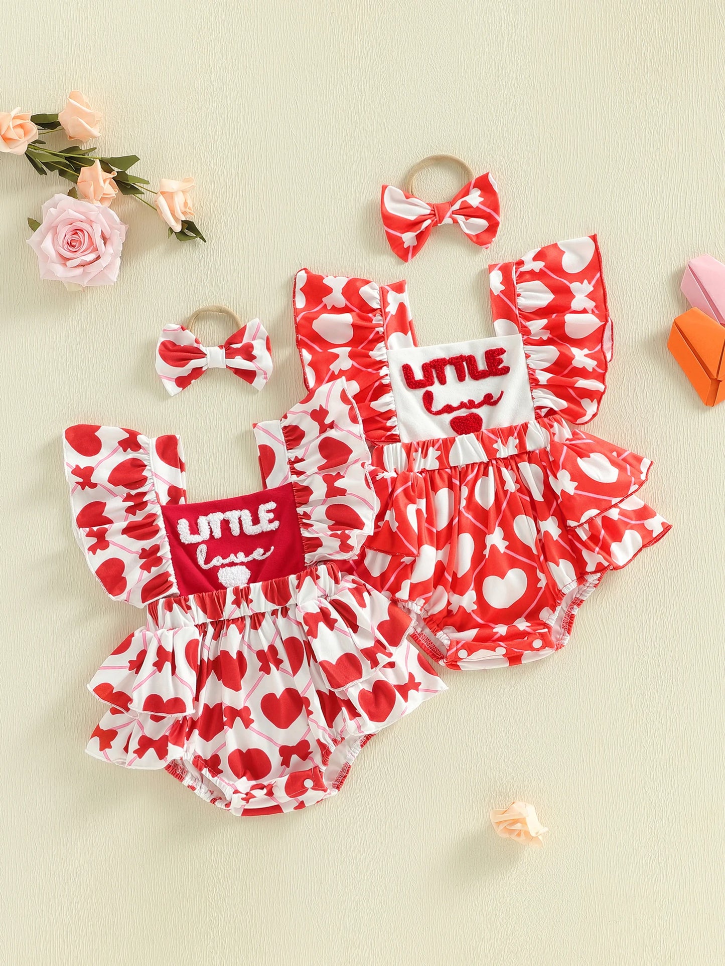 Baby Girls 2Pcs Little Love Valentine's Day Romper Flutter Sleeve Letter Embroidery Heart Print Jumpsuits with Bow Headband Set