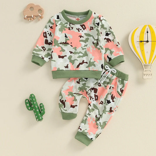 Baby Toddler Girls Boys 2Pcs Camouflage Print Long Sleeve Top with Long Pants Outfit Set