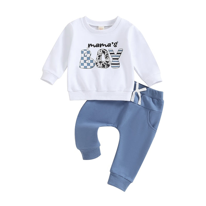 Baby Toddler Boy 2 Pcs Clothes Set Letter Mama's Boy Print Long Sleeve Crew Neck Pullover Top Elastic Pants Set