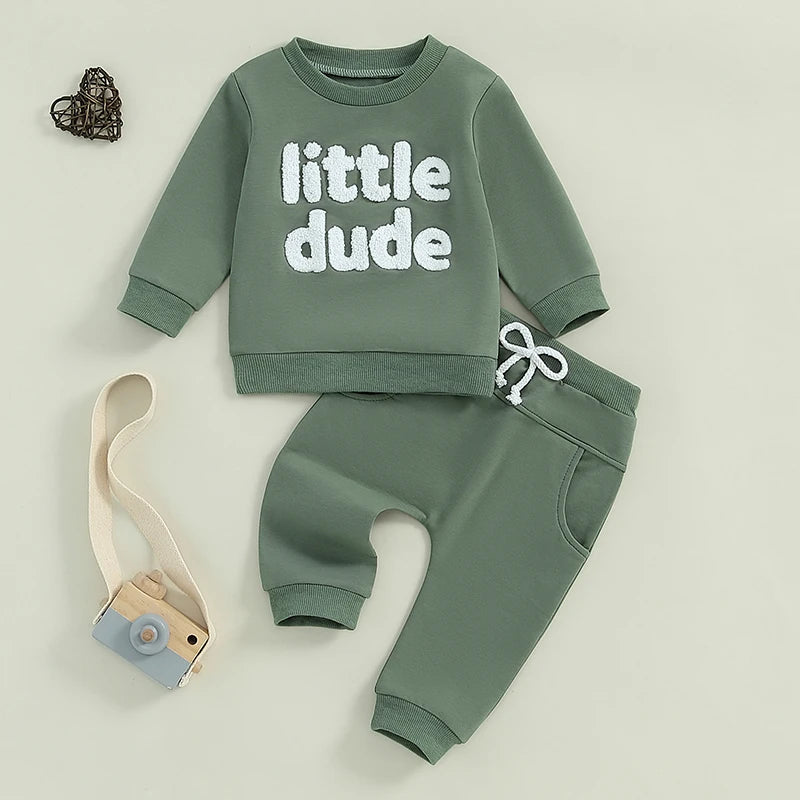 Baby Toddler Boys 2Pcs Little Dude Fall Outfit Long Sleeve Letter Embroidery Top + Pocket Pants Set