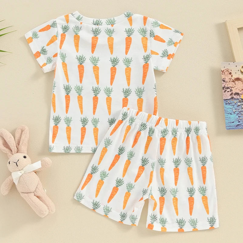 Baby Toddler Boy Girl 2Pcs Easter Outfit Short Sleeve Top with Shorts Carrot Print Clothes Set