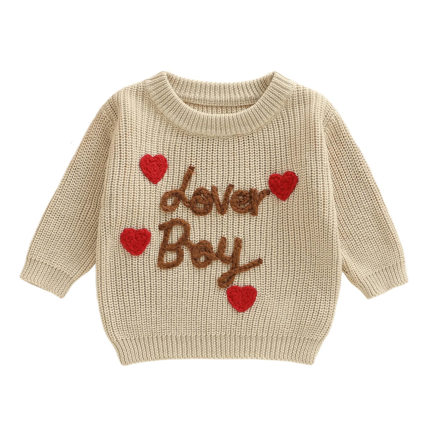 Baby Toddler Boys Valentines Sweater Fashionable Letters Lover Boy Heart Embroidery Crew Neck Long Sleeve Knit Top