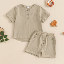 Load image into Gallery viewer, Baby Toddler Boys 2Pcs Single Breasted Round Neck Button Top Solid Color Shorts Casual Outfit Set
