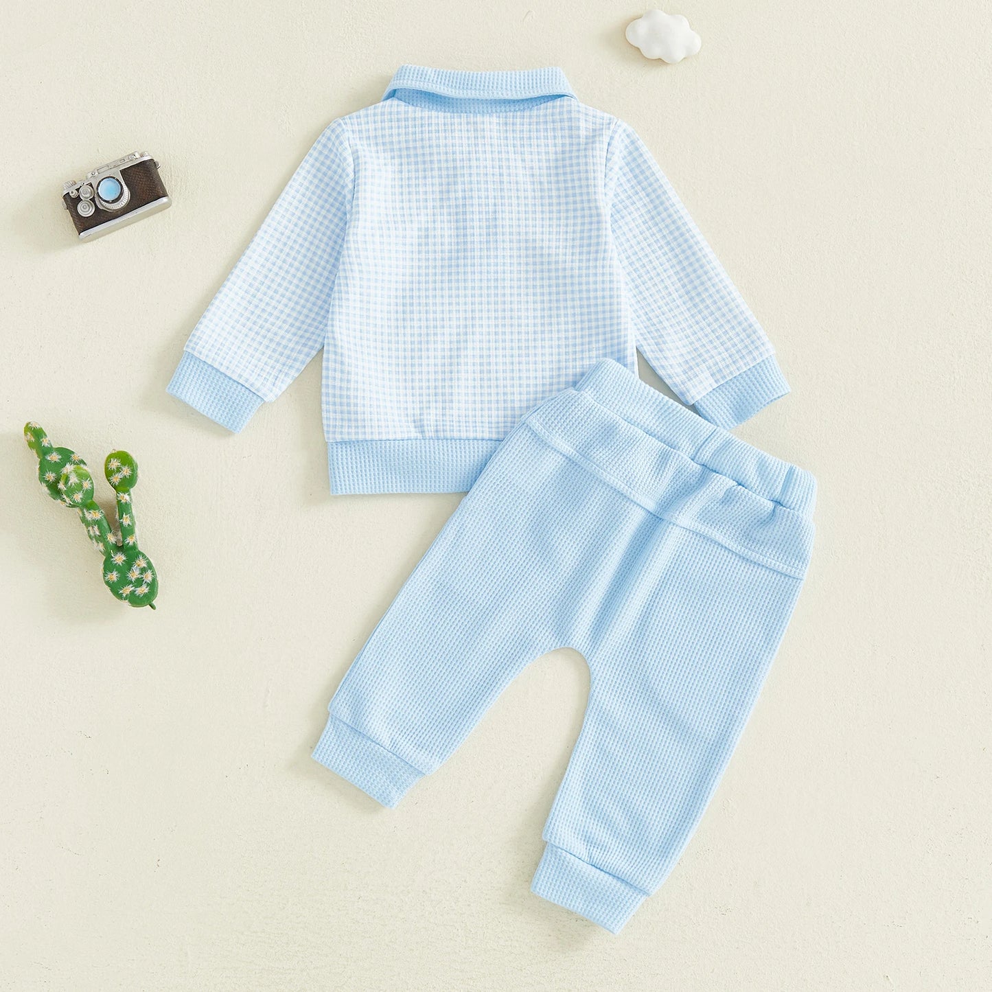 Baby Toddler Boys 2Pcs Outfit Long Sleeve Plaid Collared Top + Jogger Pants Set