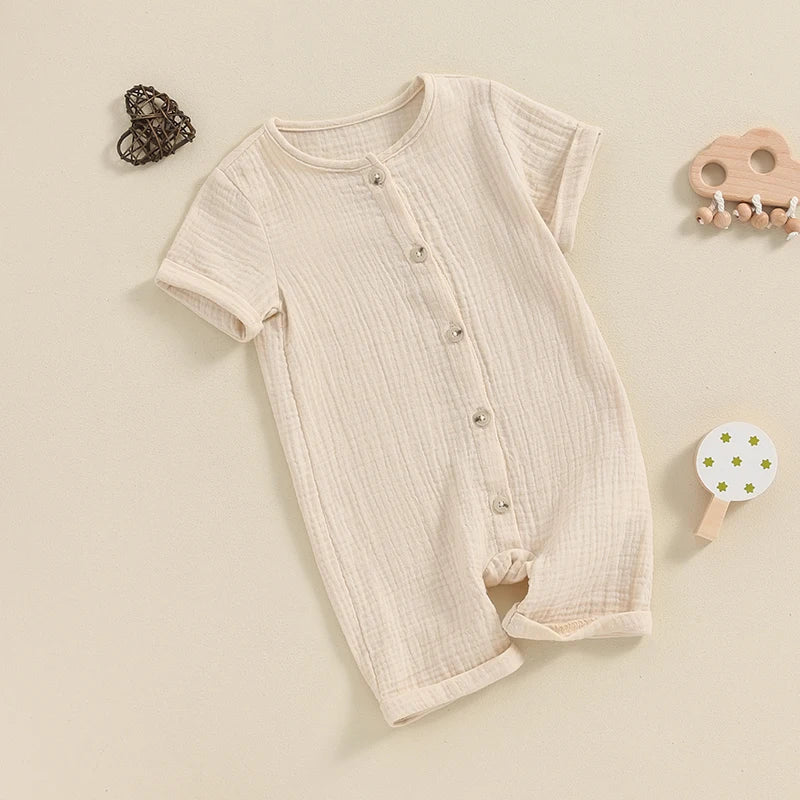 Baby Boys Girls Summer Short Sleeve Romper Solid Color Front Button Jumpsuit