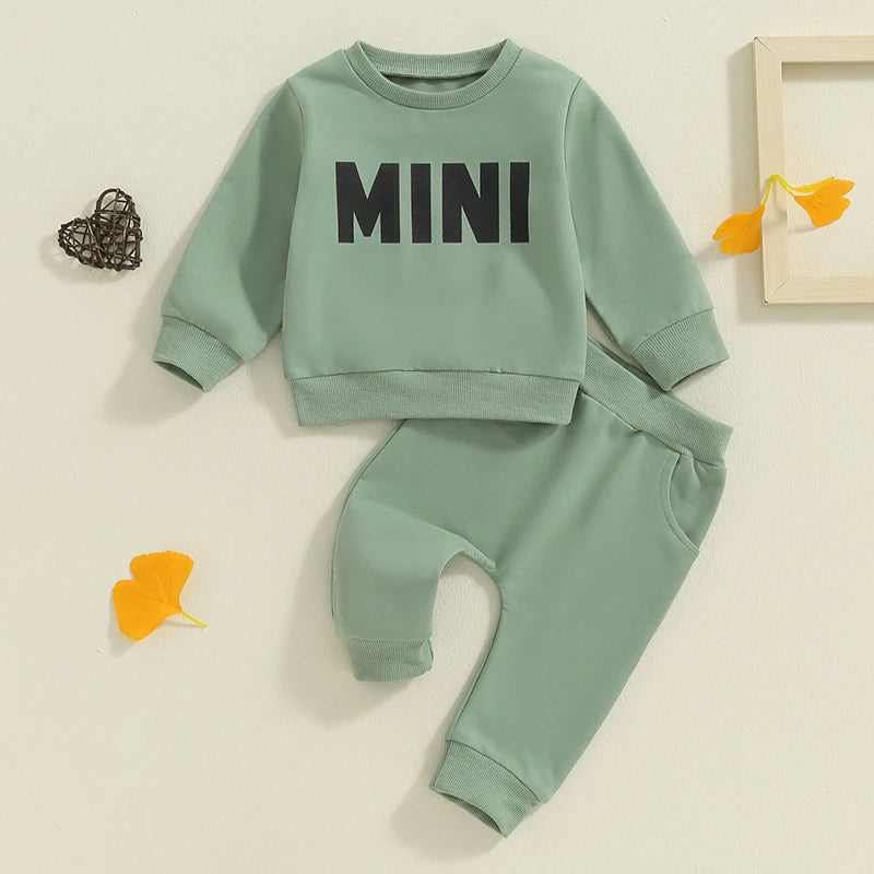 Baby Toddler Boys Girls MINI Set Letter Print Long Sleeve Round Neck Top Pockets Long Pants Outfit