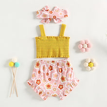 Load image into Gallery viewer, Infant Baby Girls 3Pcs Clothes Outfit Solid Ribbed Bowknot Tank Tops Floral Print Shorts Headband
