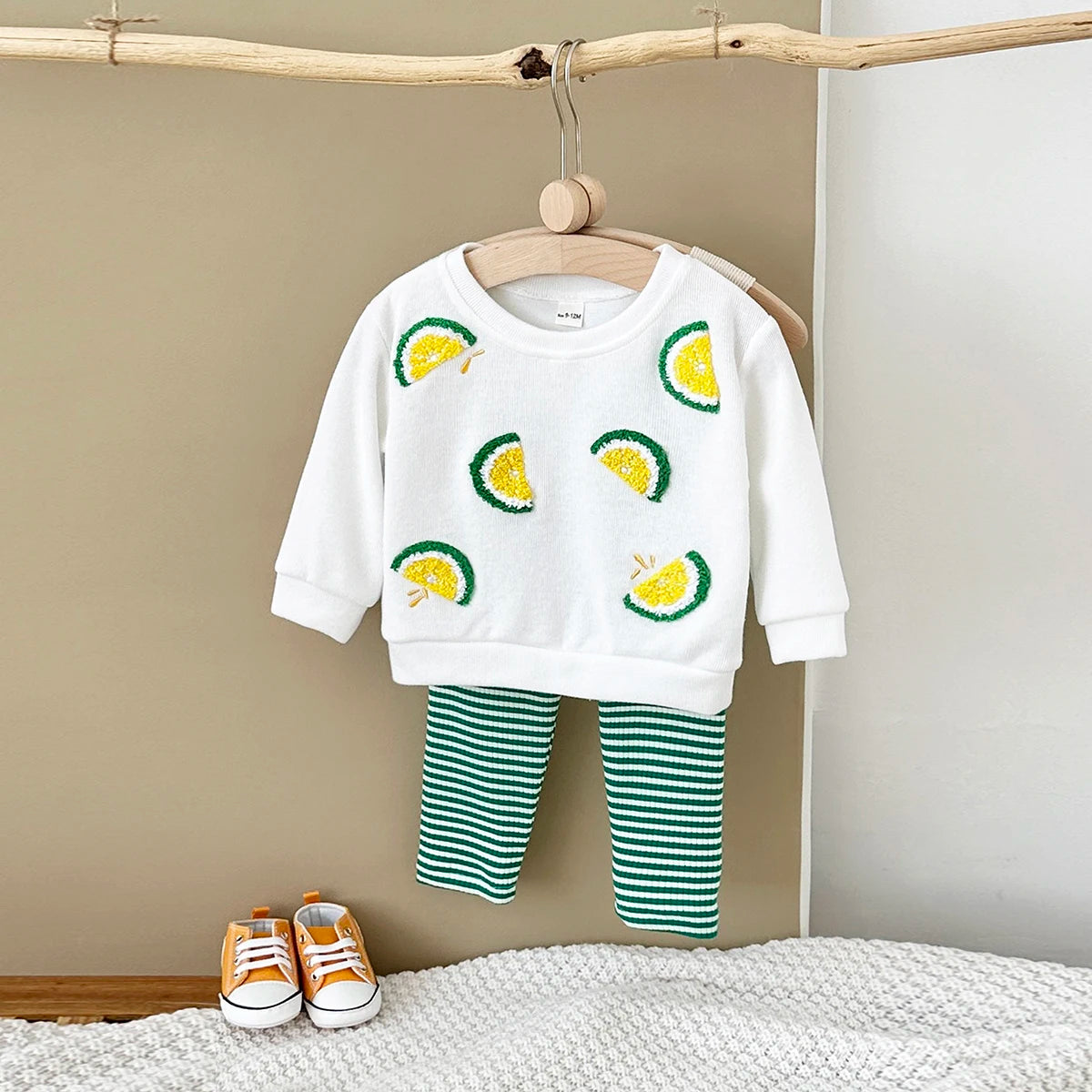 Baby Toddler Boys Girls 2Pcs Lemon Fruit Embroidery Crewneck Long Sleeve Top + Striped Pants Set Outfit