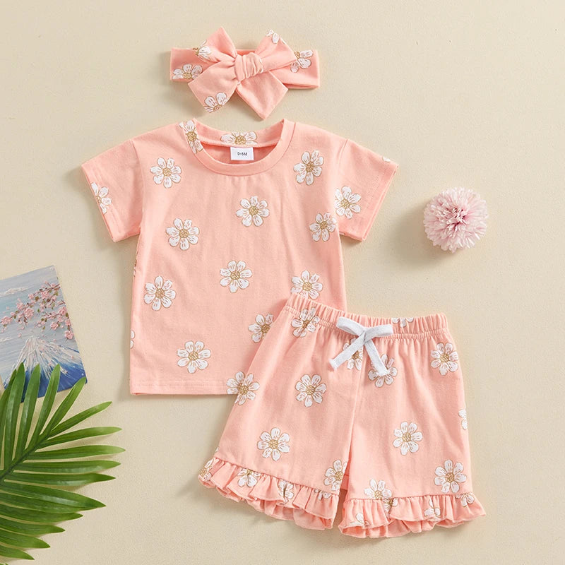 Baby Toddler Girl 3Pcs Summer Outfit Floral Flower Print Short Sleeve Top with Elastic Waist Ruffled Shorts Headband Set