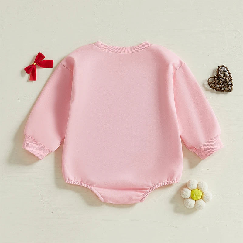 Baby Girls Bubble Romper Heart Bow Embroidery Long Sleeve Jumpsuit Valentine's Day