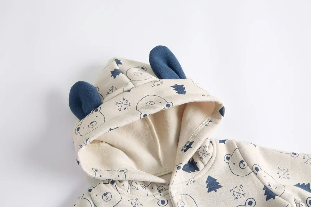 Baby Toddler Boy Girl Winter Clothes Fleece Thick Baby Romper Warm Long Sleeve Hooded Ears Jumpsuit