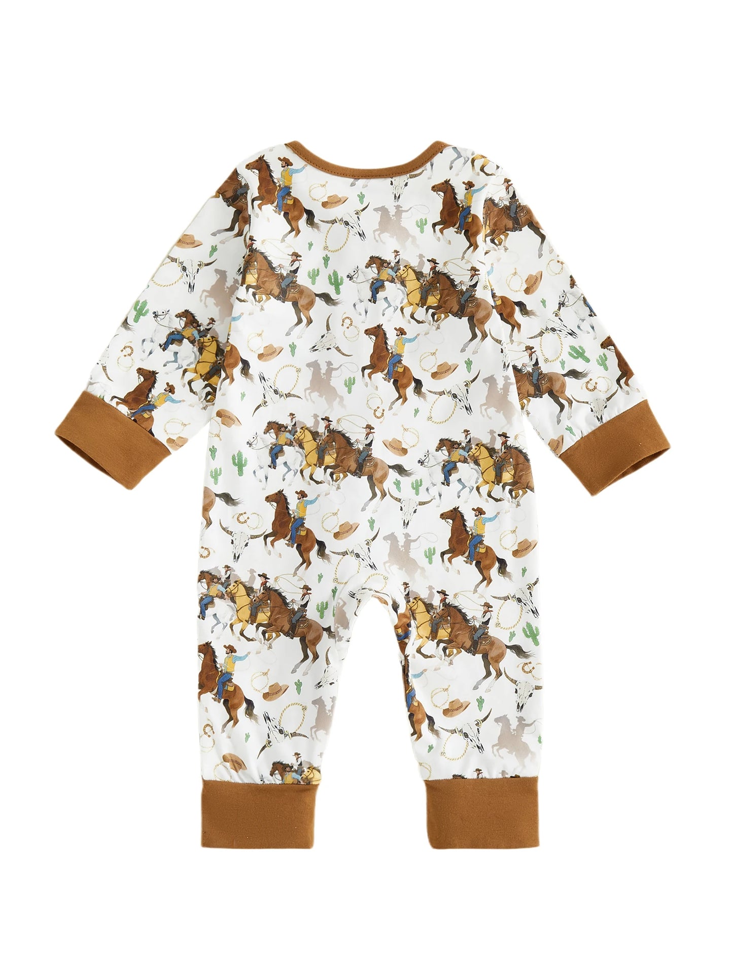 Baby Boy Western Zipper Romper Cactus Horse Print Long Sleeve Zip-up Jumpsuit Casual Infant Clothes