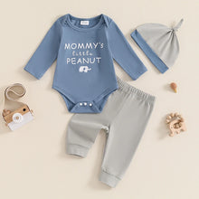 Load image into Gallery viewer, Baby Boys 3Pcs Mommy&#39;s Little Peanut Outfit Letter Elephant Print Long Sleeve Romper and Elastic Pants Hat Set
