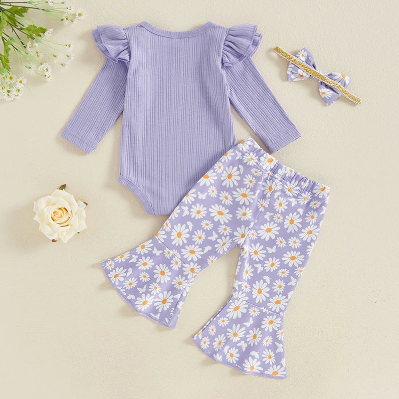 Baby Girl 3Pcs Fall Outfit Long Sleeve Ribbed Romper Daisy Flower Flare Pants Bow Headband Set