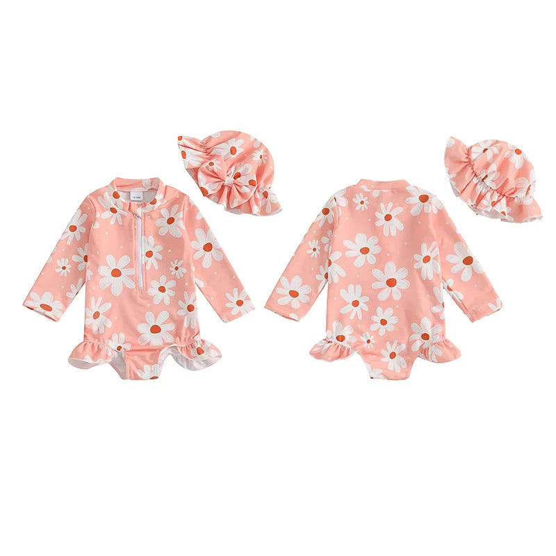 Baby Toddler Girls 2Pcs Swimsuit Long Sleeve Floral/Bow Print Ruffles Bathing Suit Swimwear with Swim Cap Set