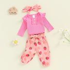 Baby Girls 3Pcs Fall Outfit Long Sleeve Ribbed Romper + Floral Flower Print Pants + Headband Set